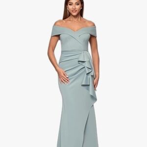 Xscape Off-Shoulder Sage One-Shoulder Ruffle Gown